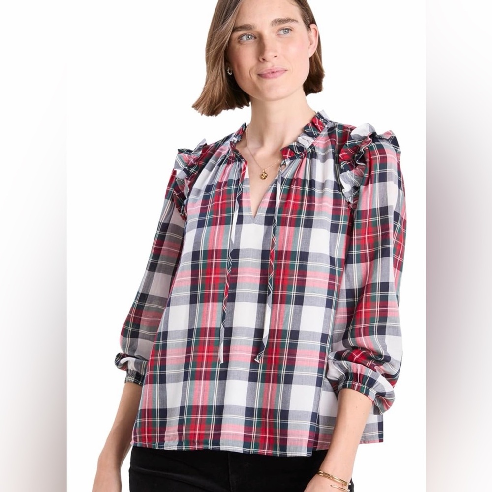 NWT//Vineyard Vines Plaid 3/4 Sleeve Ruffled Popover Plaid Shirt/SZ medium